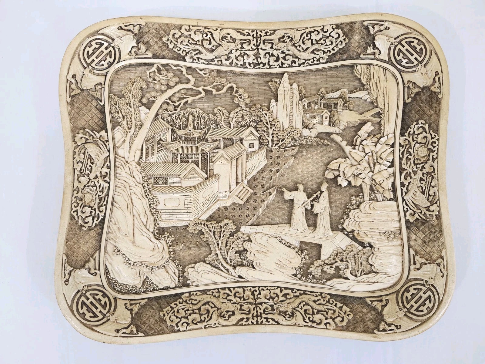 Vintage Asian Carved Look Resin Tray Landscape Figures Scene 14″ x 12″ Chinese