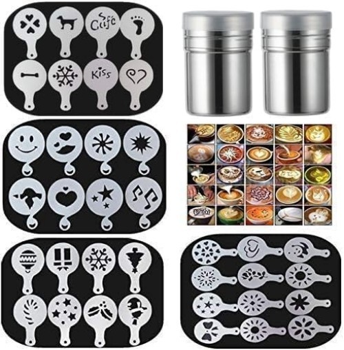 Coffee Art Stencils Set 36 Patterns Plus 2 Powder Shakers for Latte Cappuccino