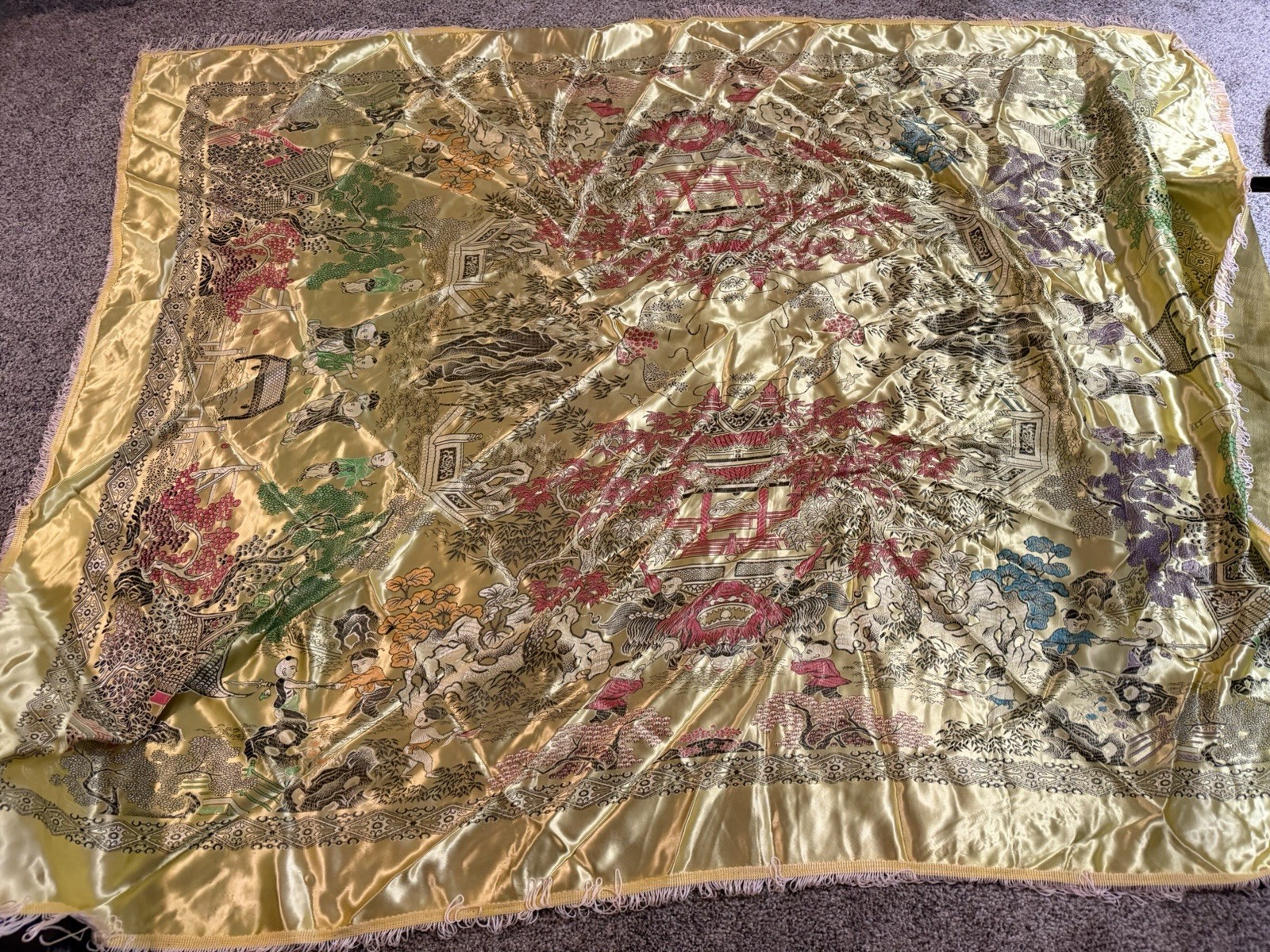 Vintage Asian Silk Oriental Brocade Tapestry Children Playing Garden Pagoda