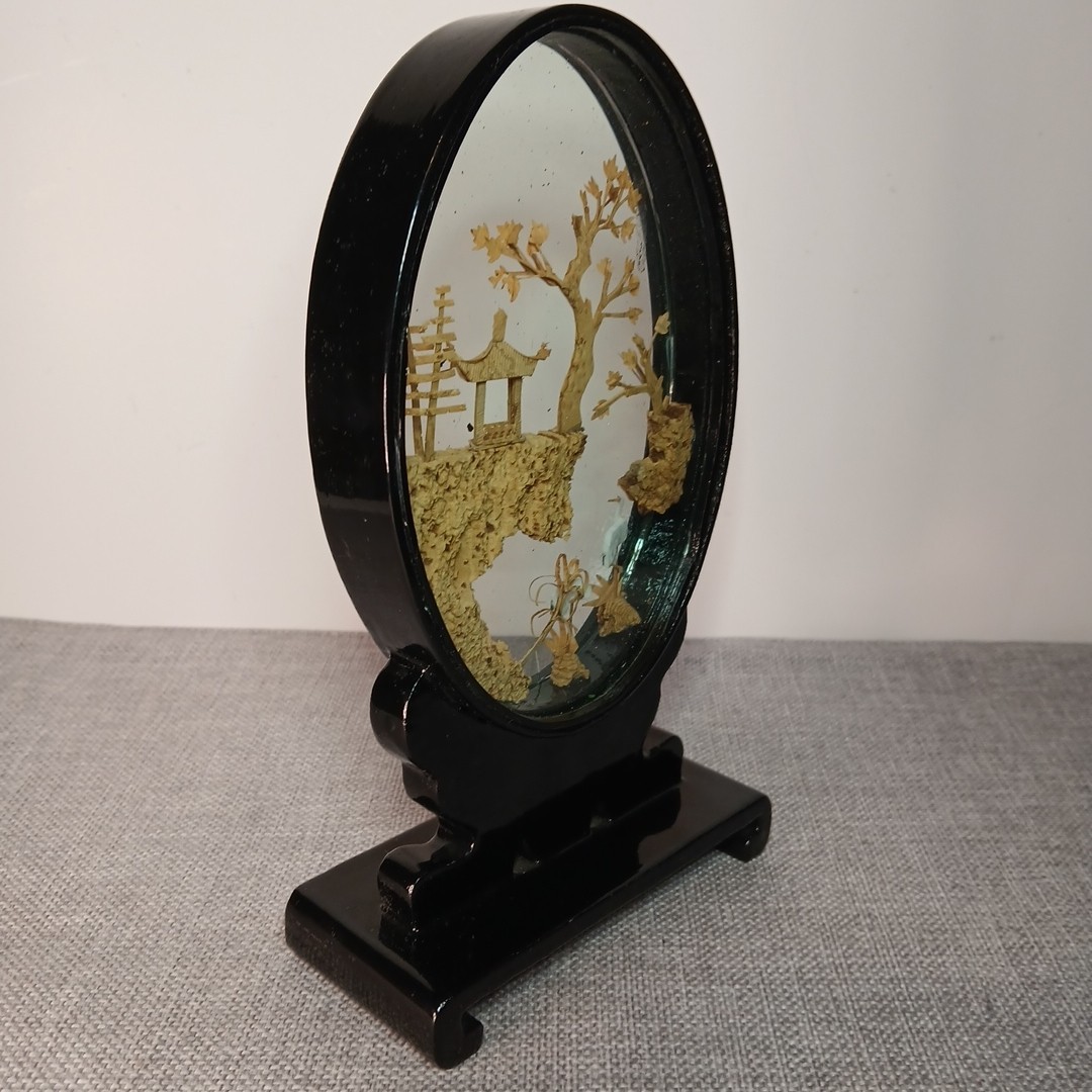 Vintage Chinese Cork Art Pagoda City Trees Cranes Glass Display Oval