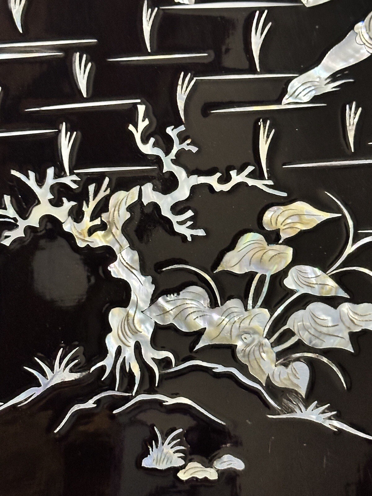Chinese Wall Art Mother Of Pearl On Black Lacquerware 23.58” Tall 11 3/8” Wide