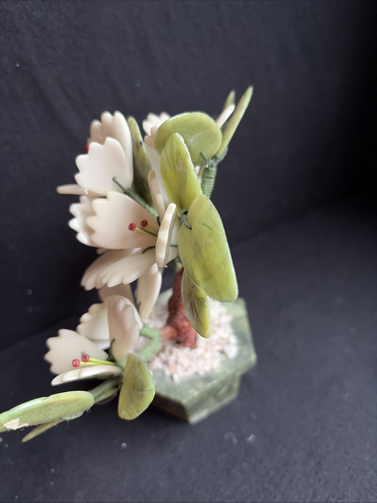 Vintage Oriental Stone Carved Jade Agate Bonsai Multi Flower Tree In Stone Pot