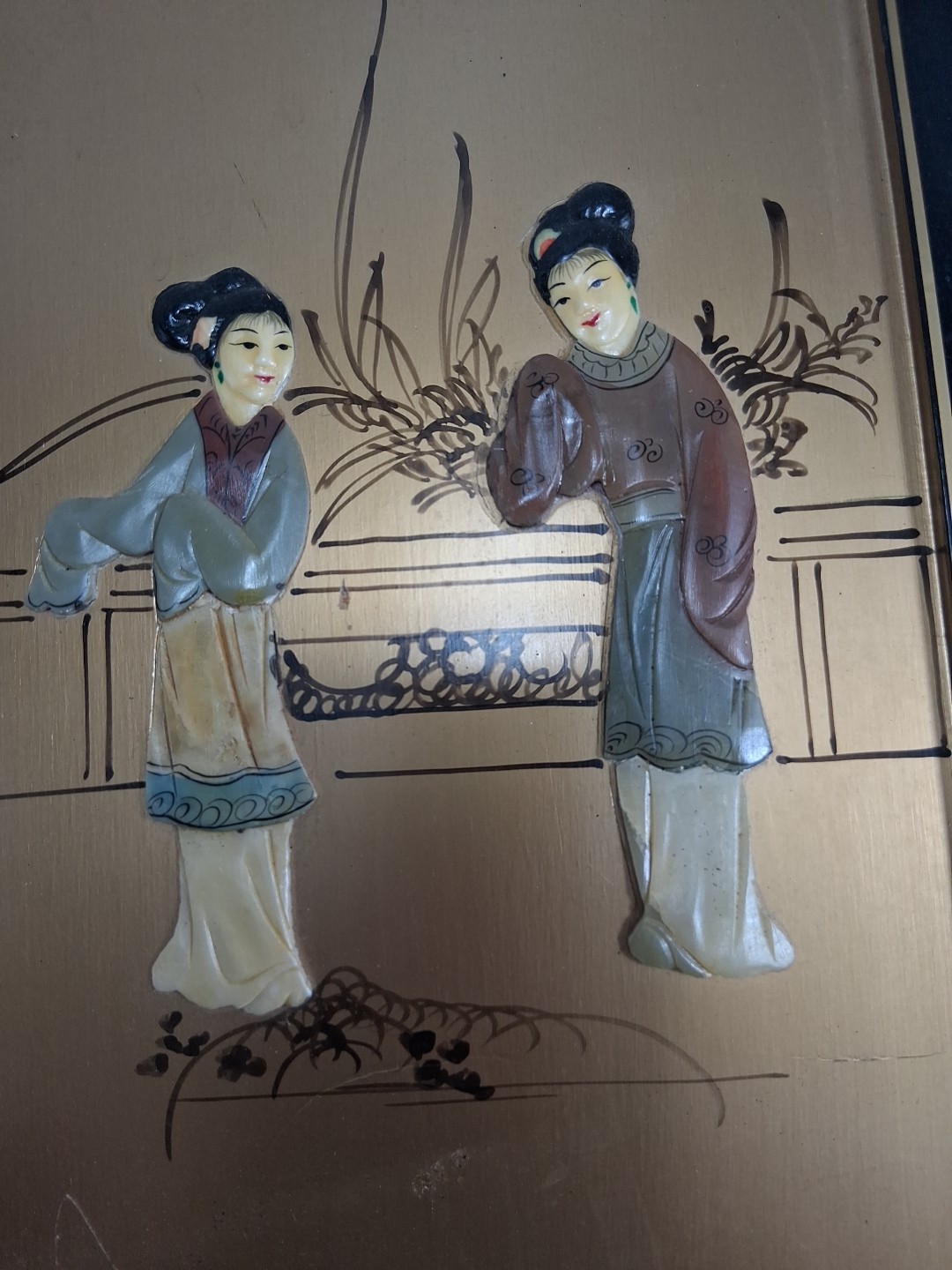 2 VTG Handmade Painted Asian Geisha Girls Wall Panels Read Description Look #2