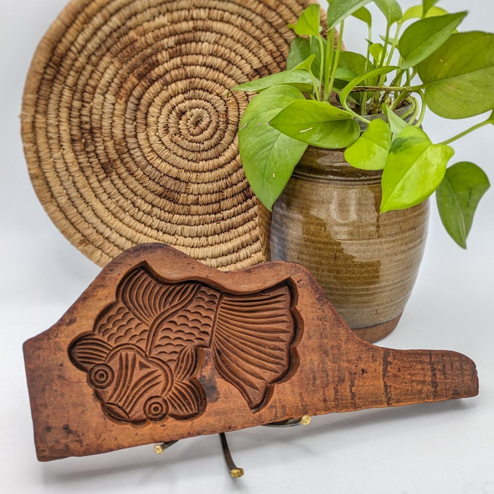Vintage koi fish mooncake wooden mold hand carved 10 inches long