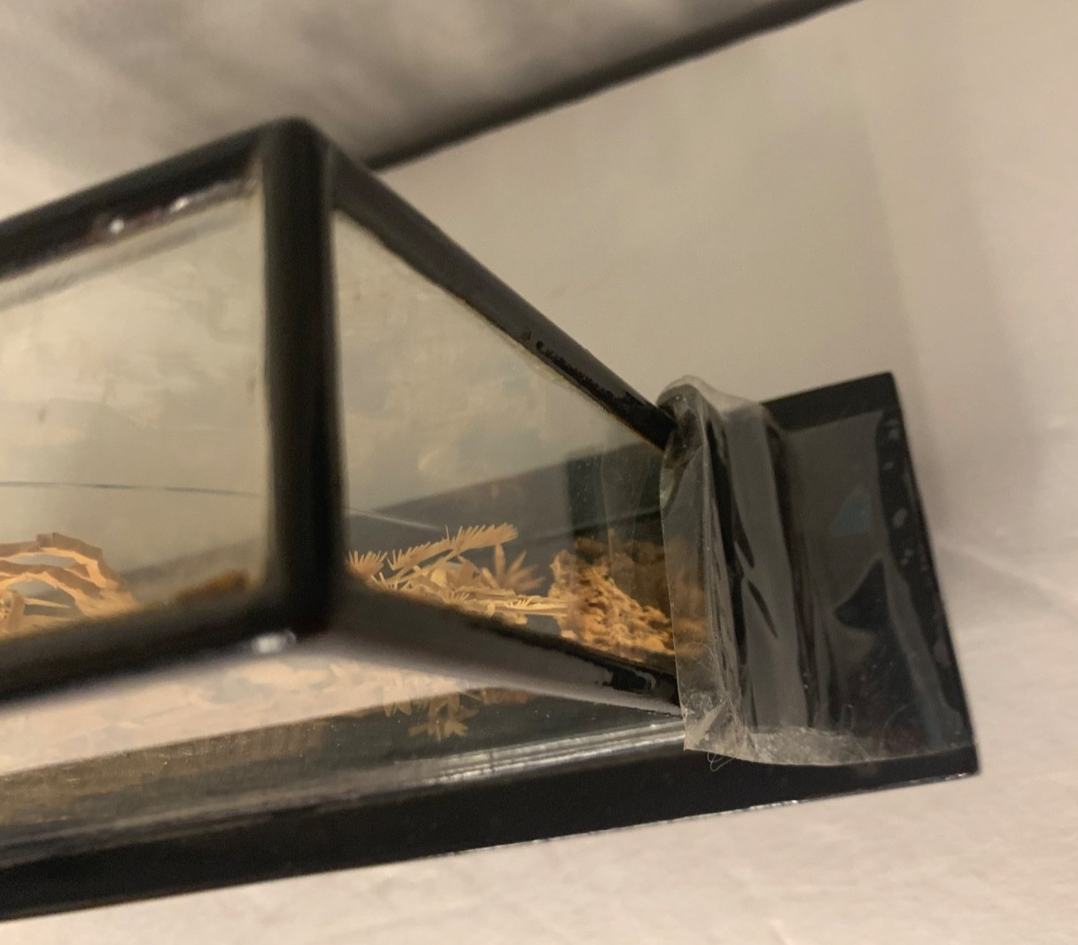 Vintage Asian Cork Diorama Art Pagoda Trees Hand Carved Glass Frame- See Details