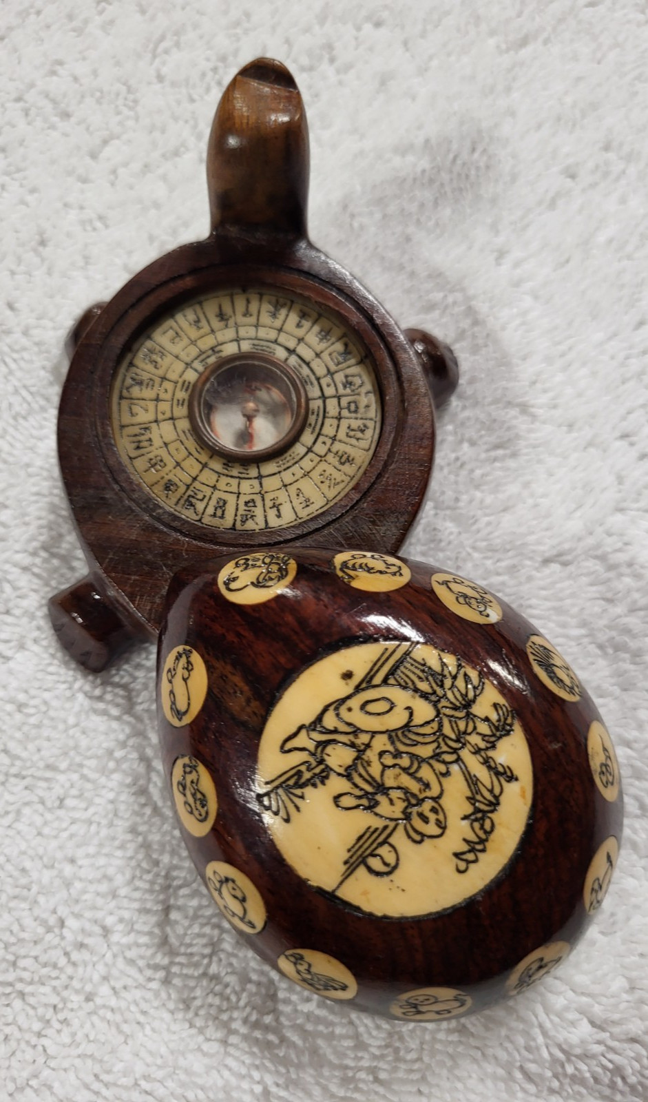 Vintage Carved Wood Turtle with Inlaid Chinese Zodiac Signs Opens to Compass