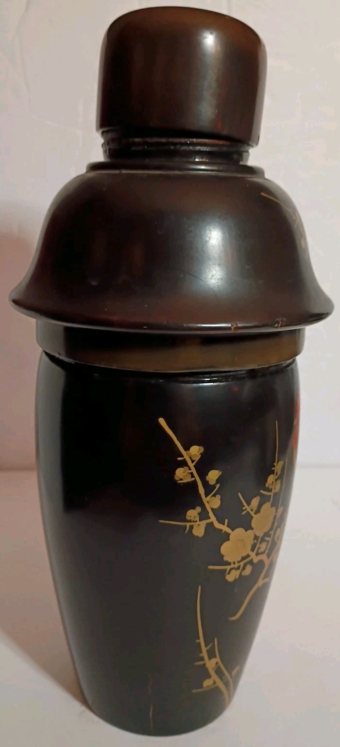 Beautiful Fighting Gold Rooster Chicken Black Lacquer Wood Shaker & 5 Cups China