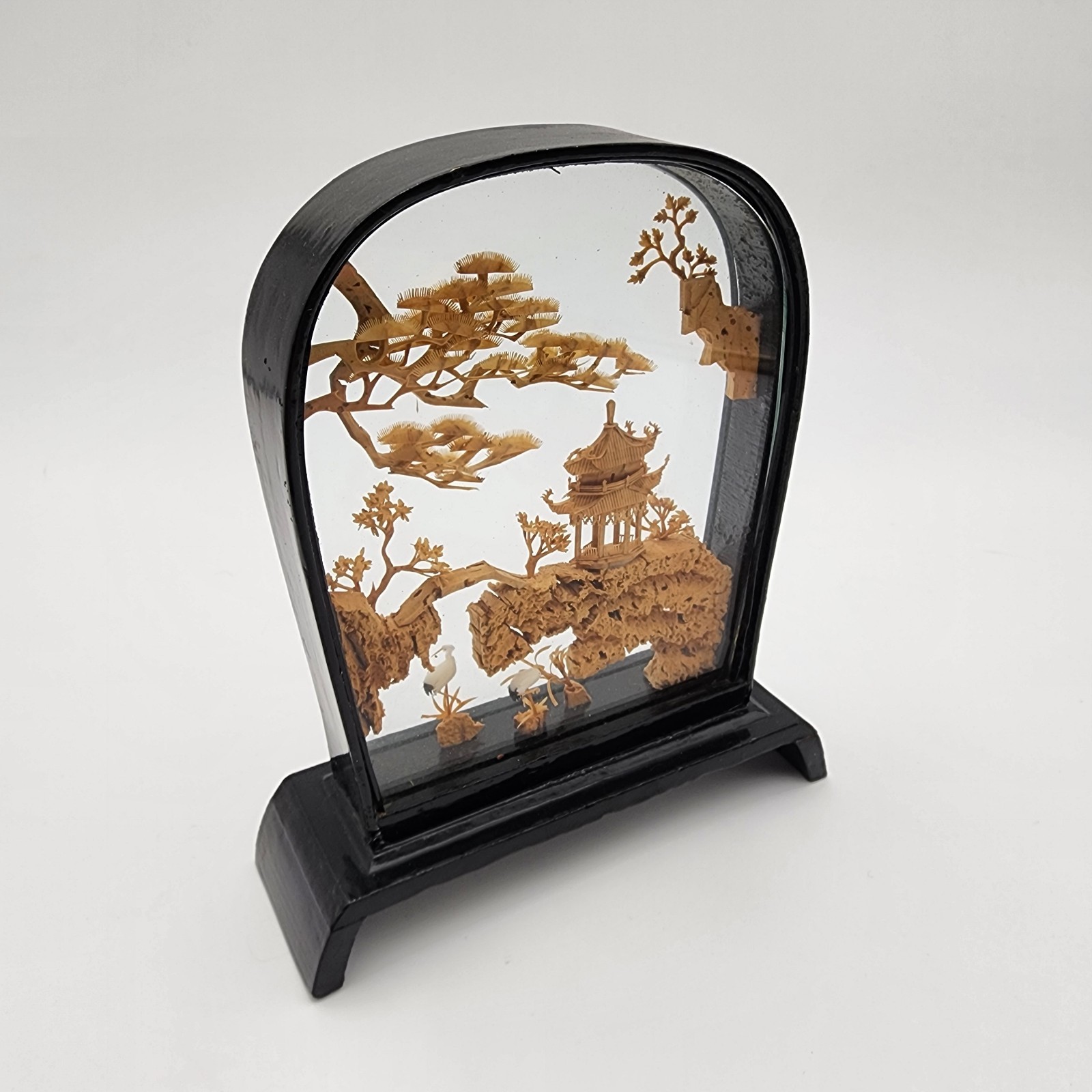 VTG San You Chinese Carved Cork Glass Black Lacquer Wood w/ Cranes Pagoda Trees