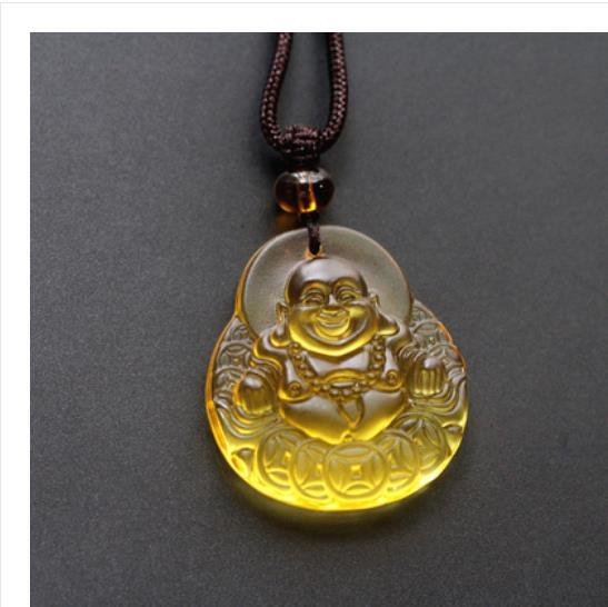 Chinese Yellow Coloured Glaze Carving Maitreya Buddha Copper Cash Pendant
