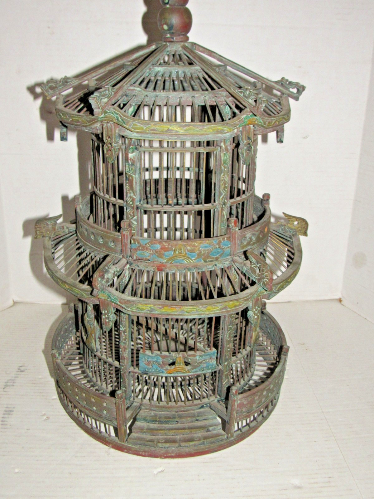 Vintage Chinese Wood Carved Pagoda Bird Cage, Oriental Geisha, Round