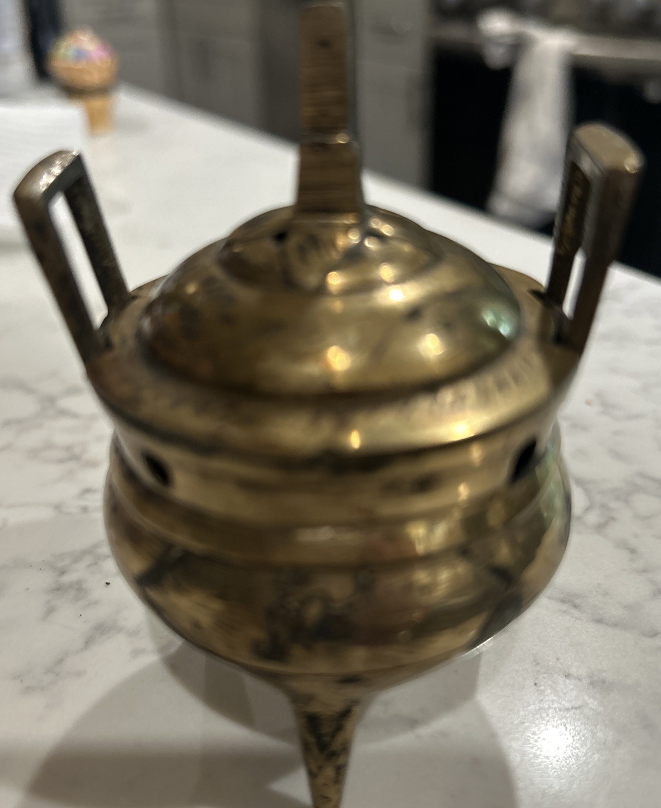 Old Vintage Marked 3″ Chinese Brass Footed Incense Burner Tri Footed Marked