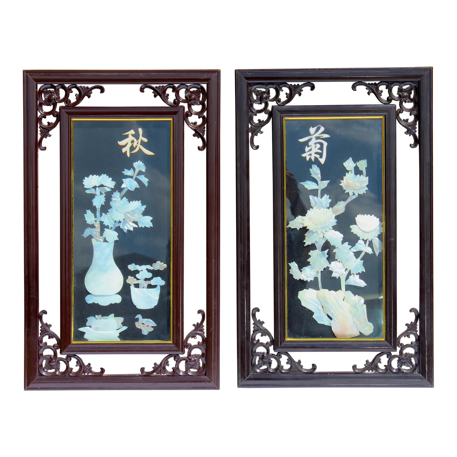 Vintage Chinese Mother-of-Pearl Inlay Chrysanthemum Wall Panels – Ornate Carved