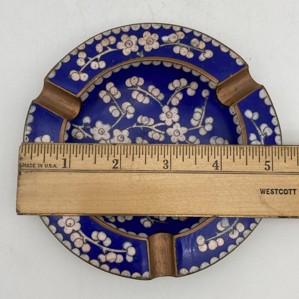 Vintage Chinese Cloisonné Blue Cherry Blossom Floral Enamel Ashtray Signed China