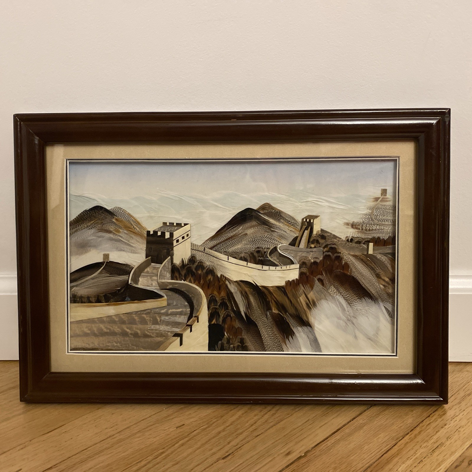 Chinese 3-D Art Great Wall Of China Made Of Feathers Framed Approx. 14.5” X 10”