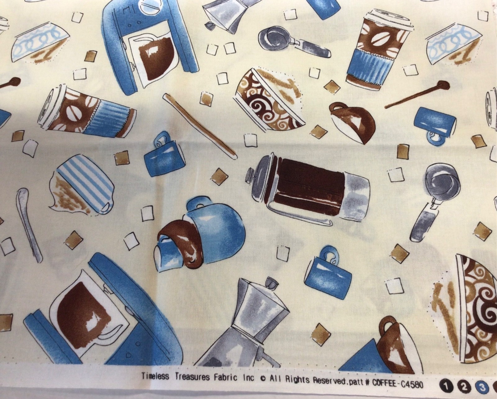 Coffee Maker and Cup Themed Fabric 18” x 44” New