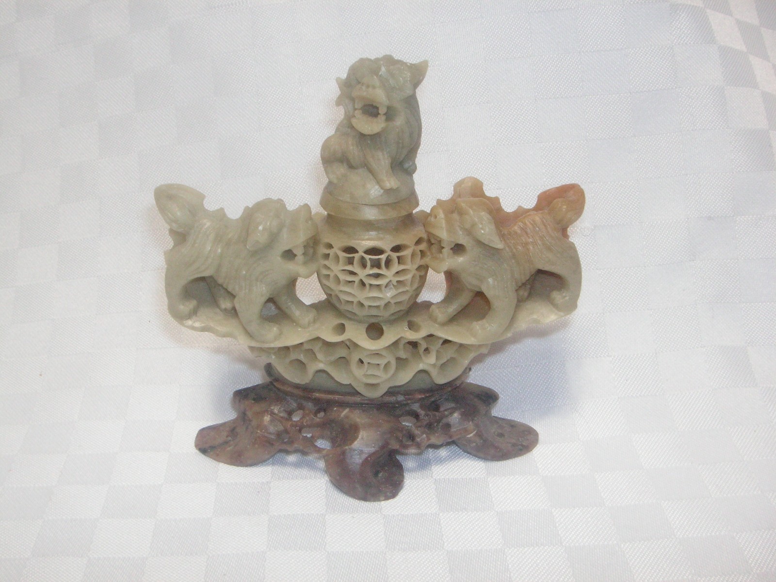 VINTAGE, PROBABLY CHINESE, SOAP STONE INCENSE BURNER WITH FOO DOGS, CARVINGS