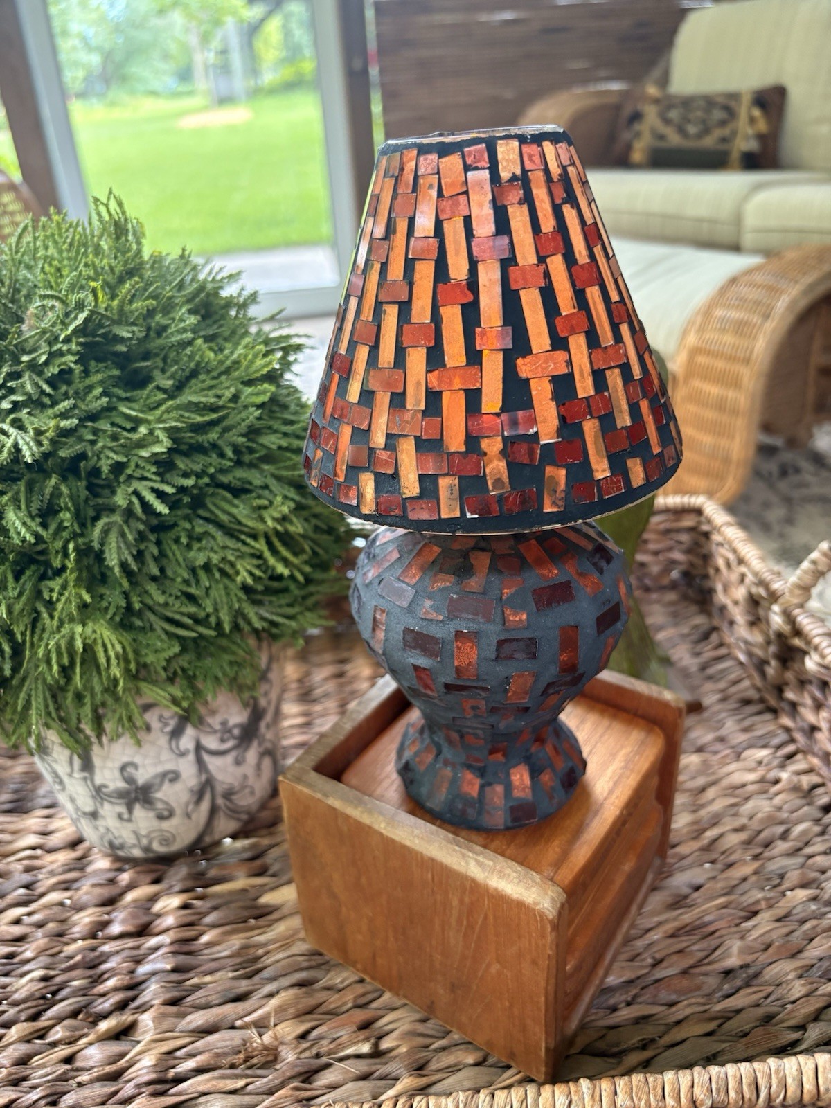 Handcrafted Stained Glass Mosaic Lamp Tea Light Candle Holder Amber Glass 8.5”
