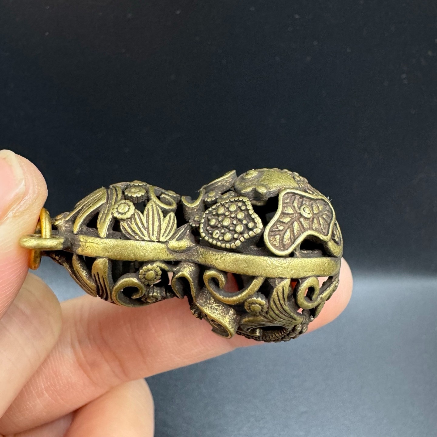 Vintage Brass Hollow Gourd Pendant Carp Lotus Fish Lucky Wealth Feng Shui Charm