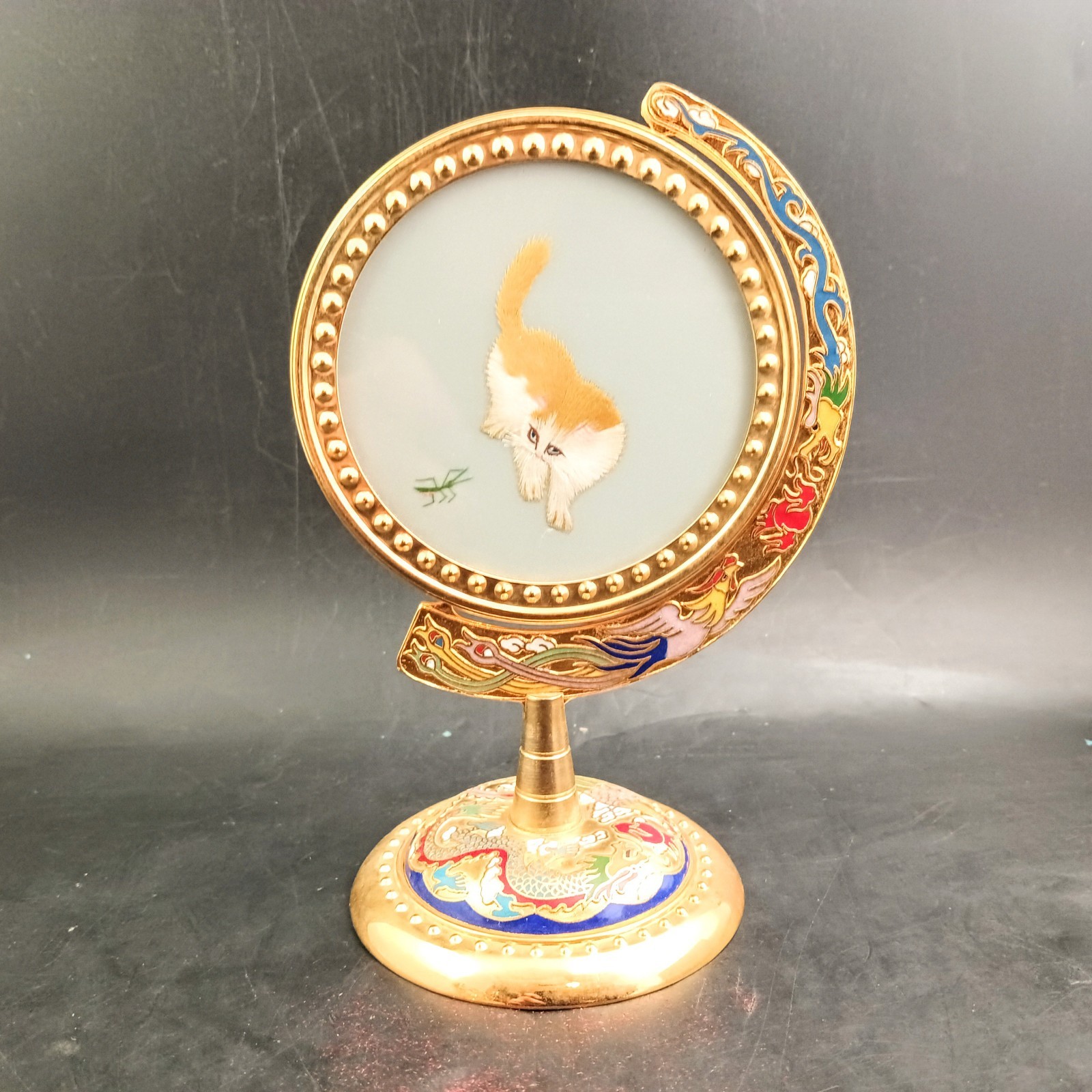 Suzhou Chinese Silk Embroidered Cat/Bug Cloisonné Enamel Metal Spin Stand, OBO