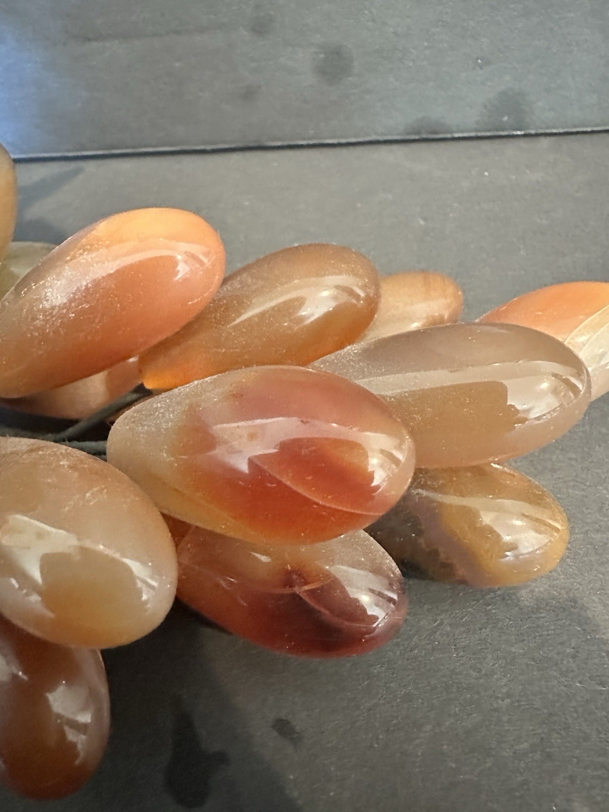 Grape Cluster With Brown Agate Quartz Carved Jade Leaves MCM 1950s