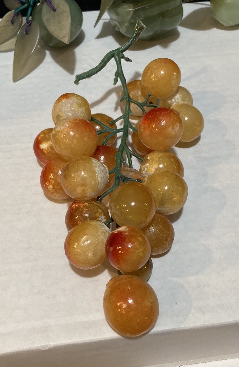Vintage Chinese Hand Carved Jade & Agate Stone Fruit Set Grapes Banana Berry