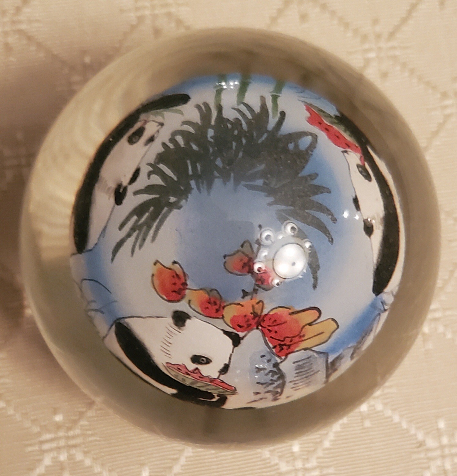 Chinese Glass Ball Sphere Paperweight Reverse Hand Painted Pandas Eat Watermelon