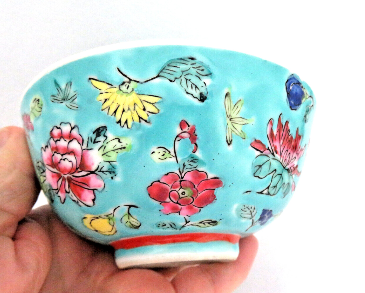 Vintage Chinese Fine Porcelain Turquoise Blue Famille Rose Rice Soup Bowl