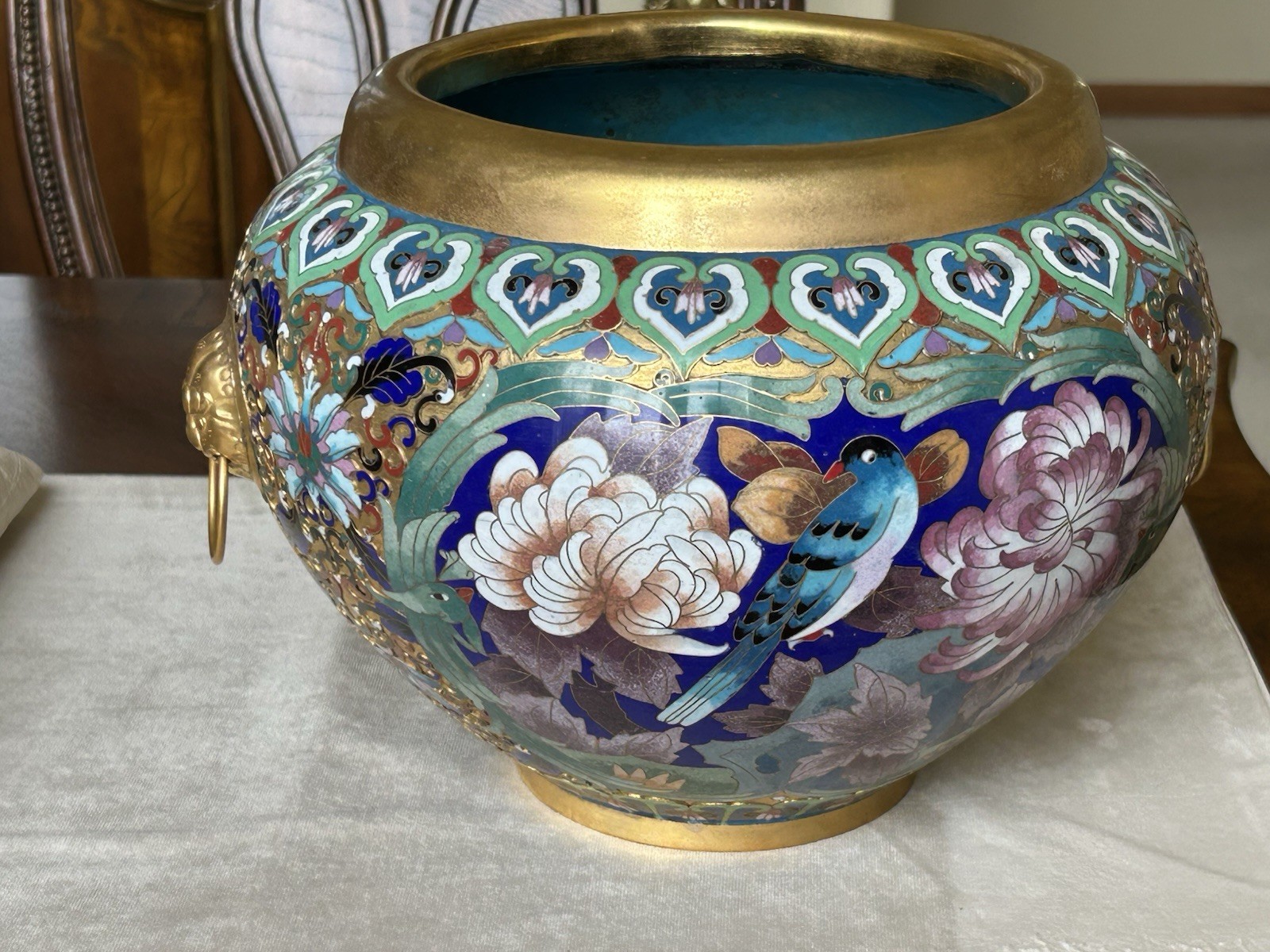 Chinese Cloisonné Planter Flower Pot Peonies Birds Lion Head Accent Brass