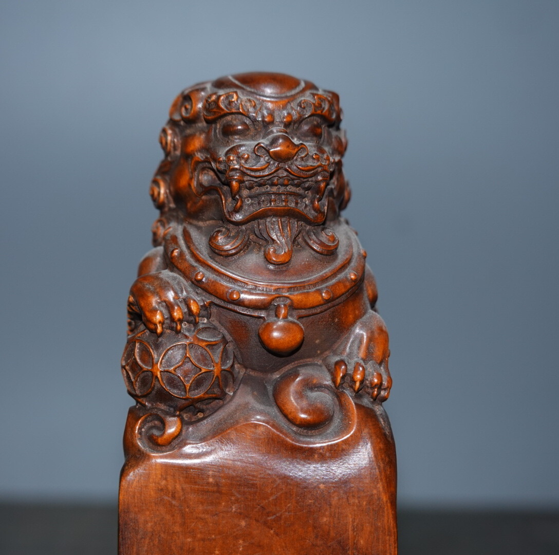 4.7″ Collect China Box-wood Carving Animal Foo Fu Dog Guardion Lion Seal Signet