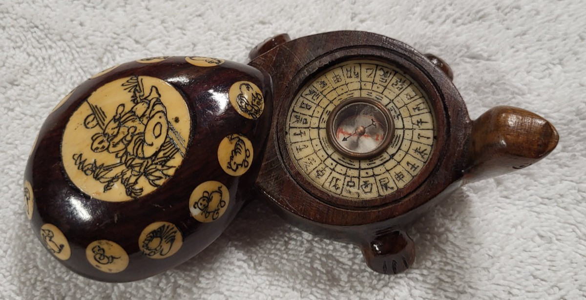 Vintage Carved Wood Turtle with Inlaid Chinese Zodiac Signs Opens to Compass