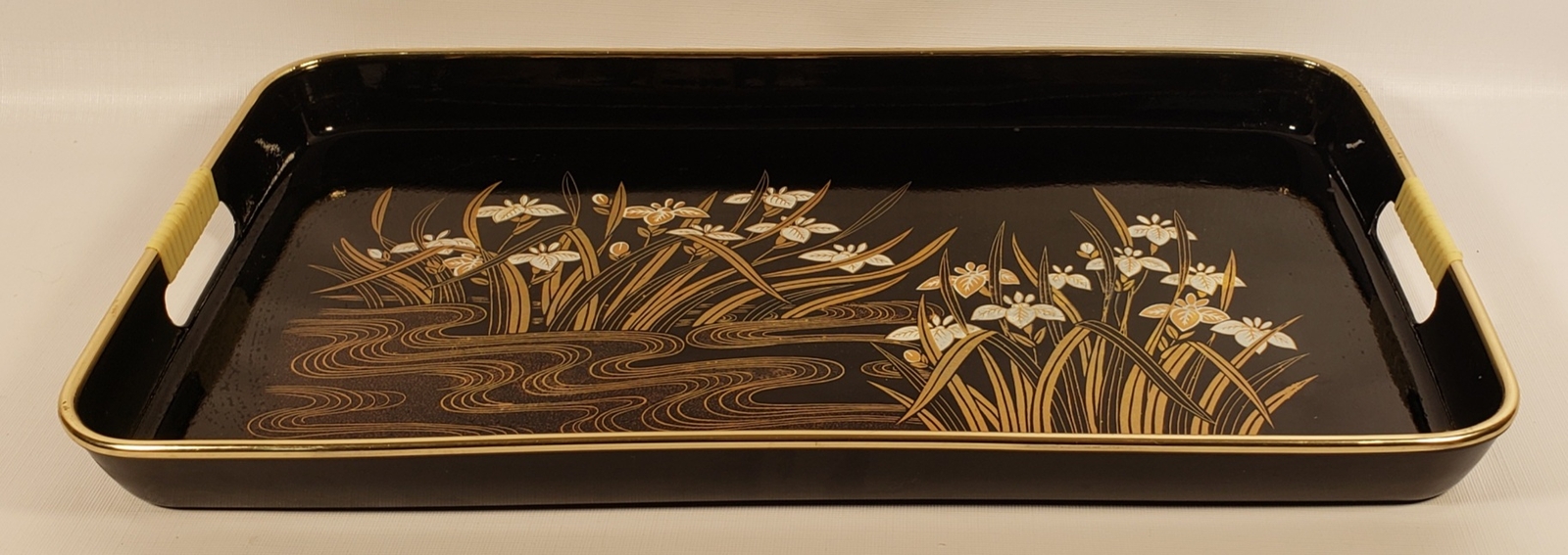 Tray Japan Floral Japanese Black Lacquer Plastic 18×11″ Handles Large A22