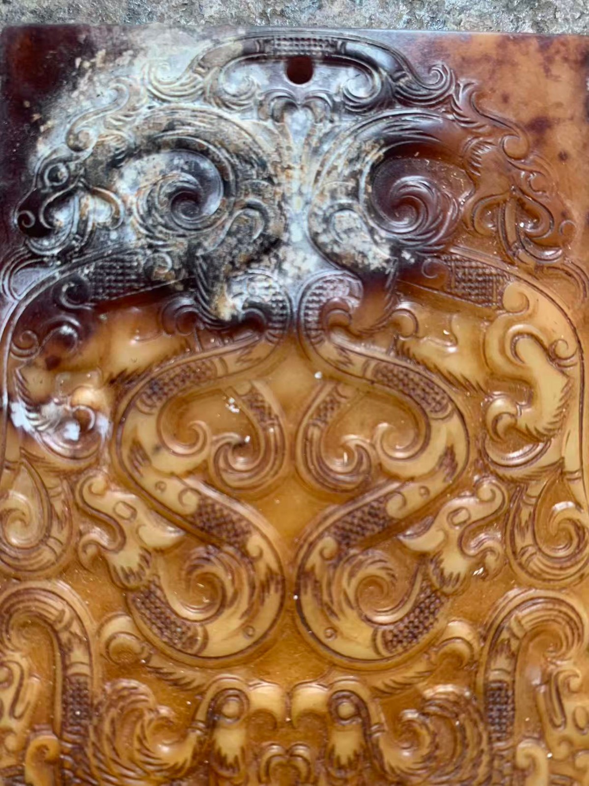 Large Chinese Old Hetian Jade Hand Carved Dragon & Phoenix W/Poem 2Faces Pendant