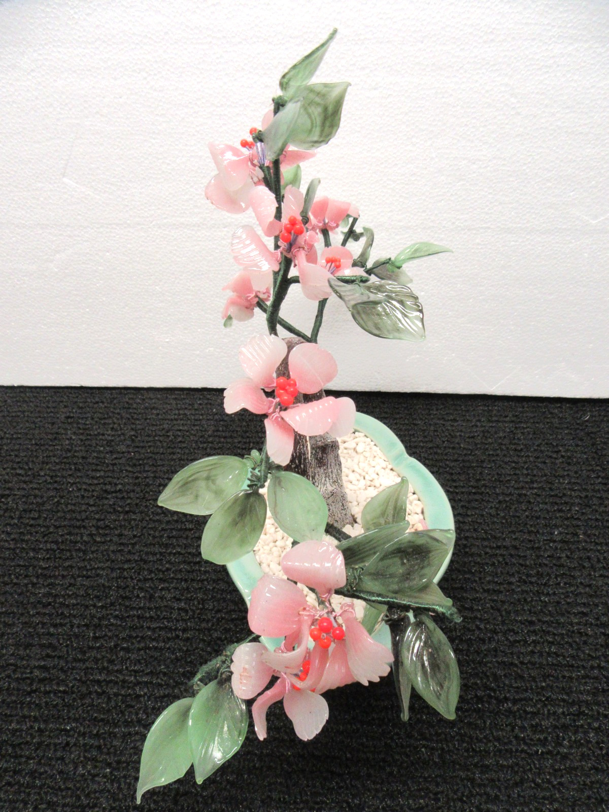 Vintage Chinese Jade Glass Bonsai Tree 14″ Wide x 11″ Tall Pink Flowers #ROM