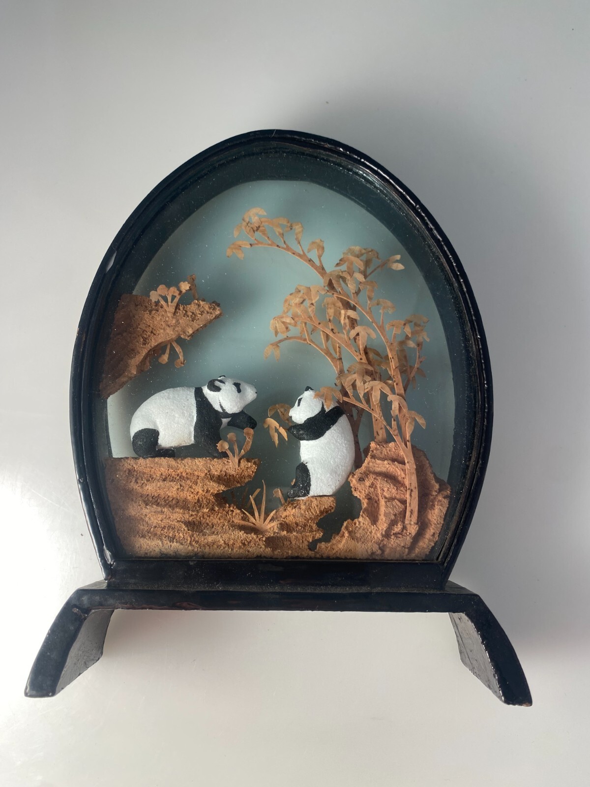Vintage Hand Carved Chinese Asian Cork Diorama 3D Scene Tree Bamboo Panda