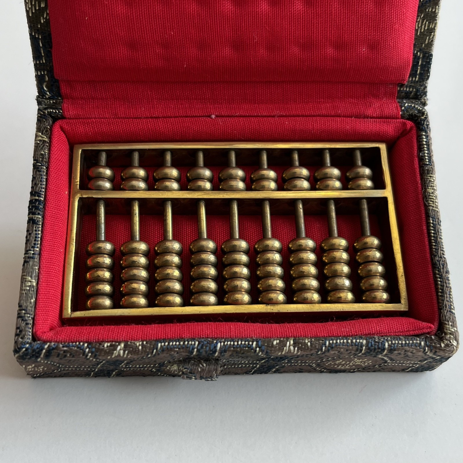 Vintage Miniature Brass Chinese Suanpan 9 Rod Abacus With Silk Brocade Box.