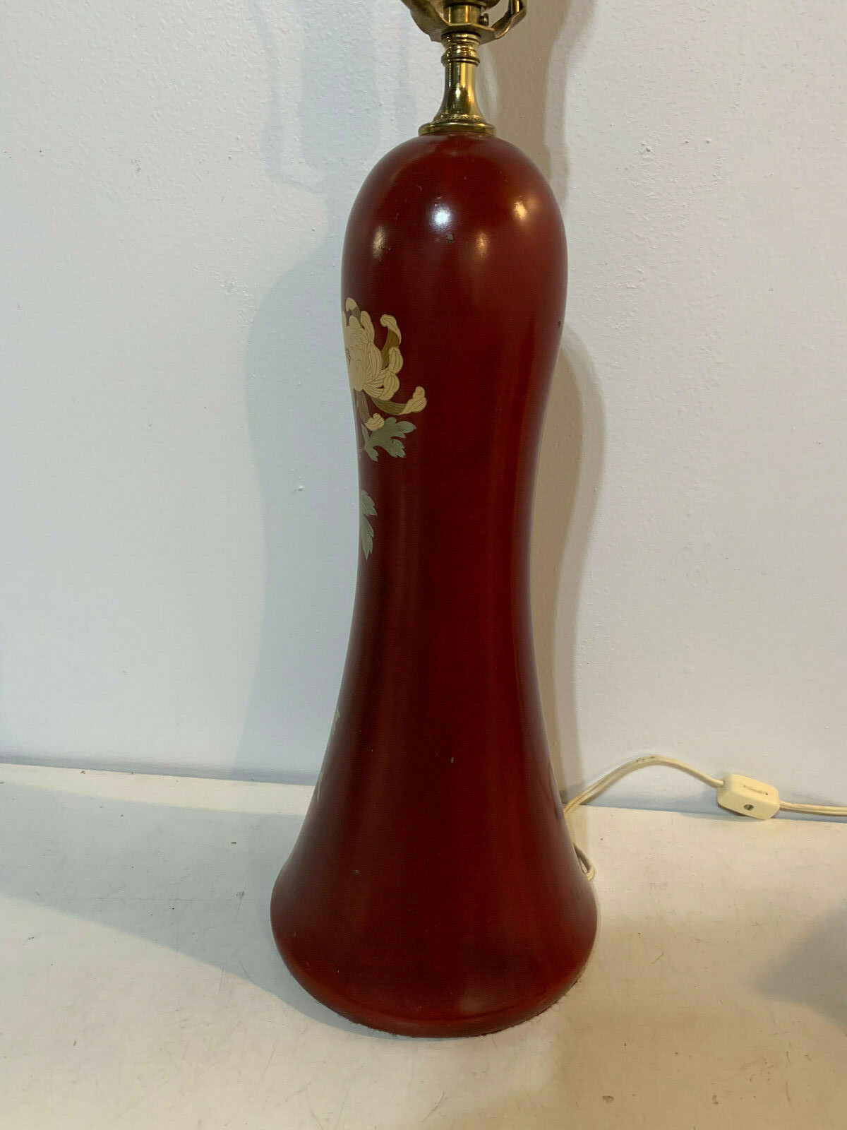 Vintage Chinese or Japanese Red Lacquer Lamp w/ Chrysanthemum Decoration