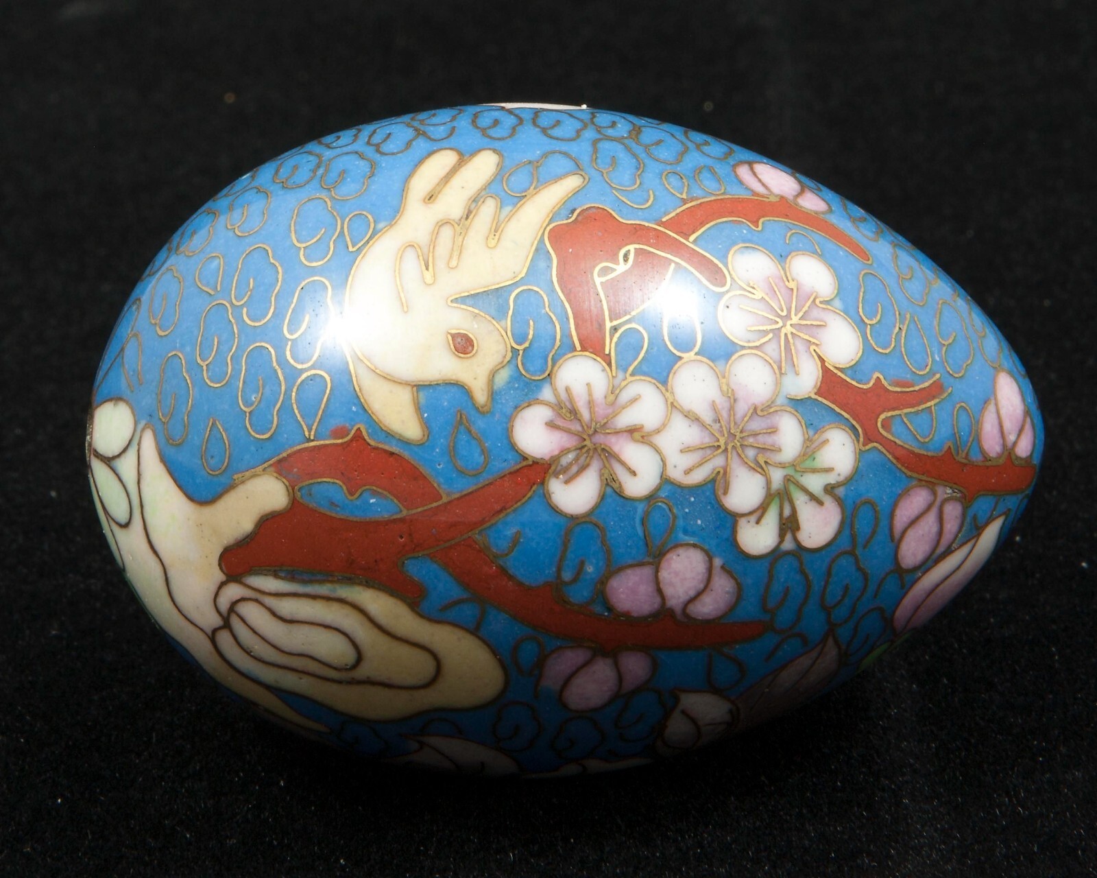 VTG Chinese Floral on Blue Cloisonne Enamel Metal Egg 2-1/2″ Tall w/Stand