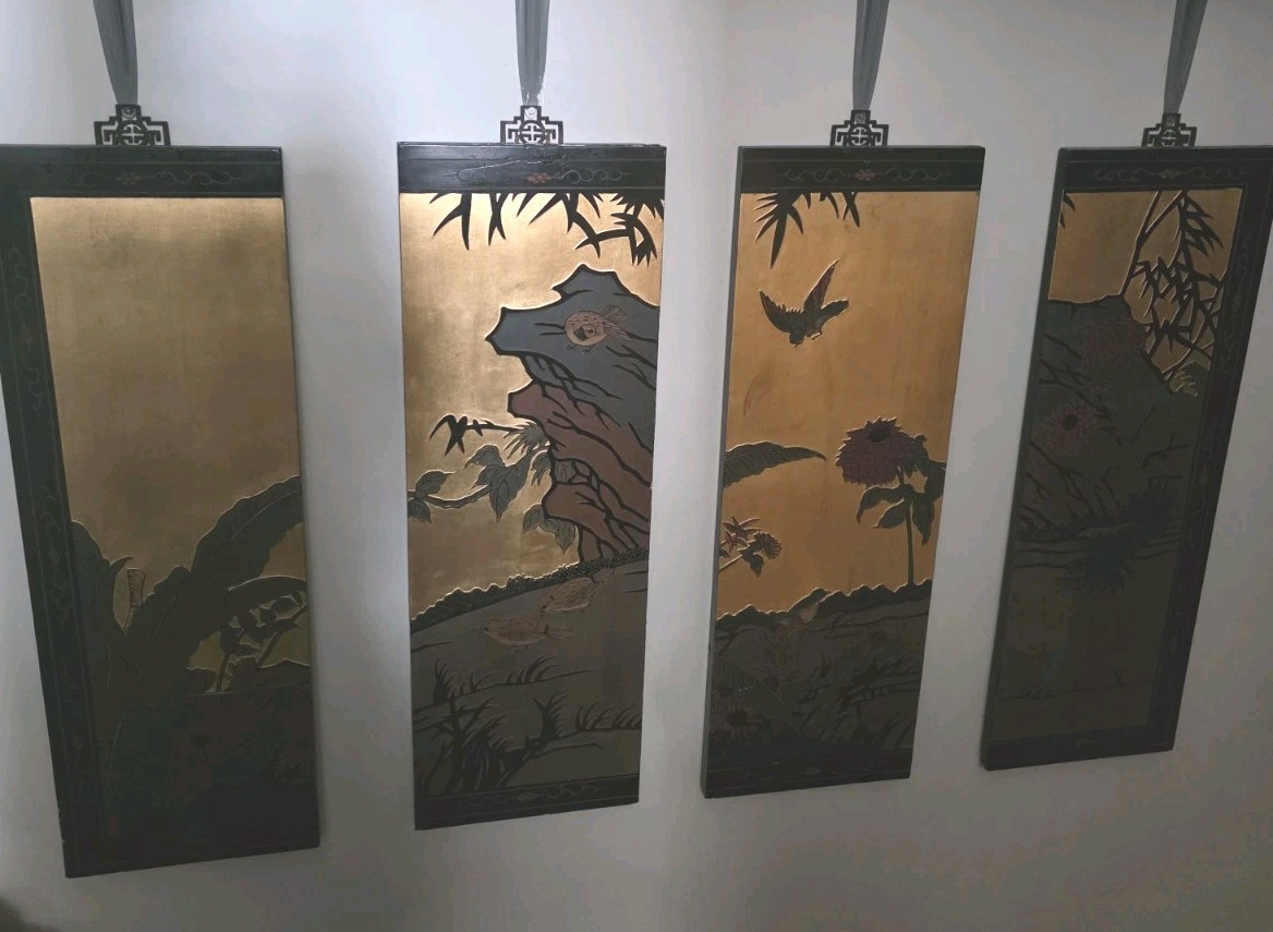 Chinese Black Lacquer Gold Gilt Wall Panels Set of 4 Four Seasons 12×36