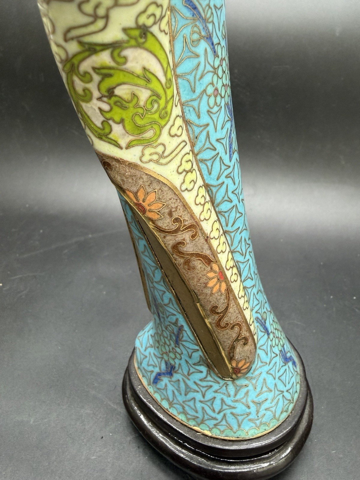 Gorgeous VTG Traditional Cloisonne Lady Figure Brass Enamel On Wood Base 13.5”