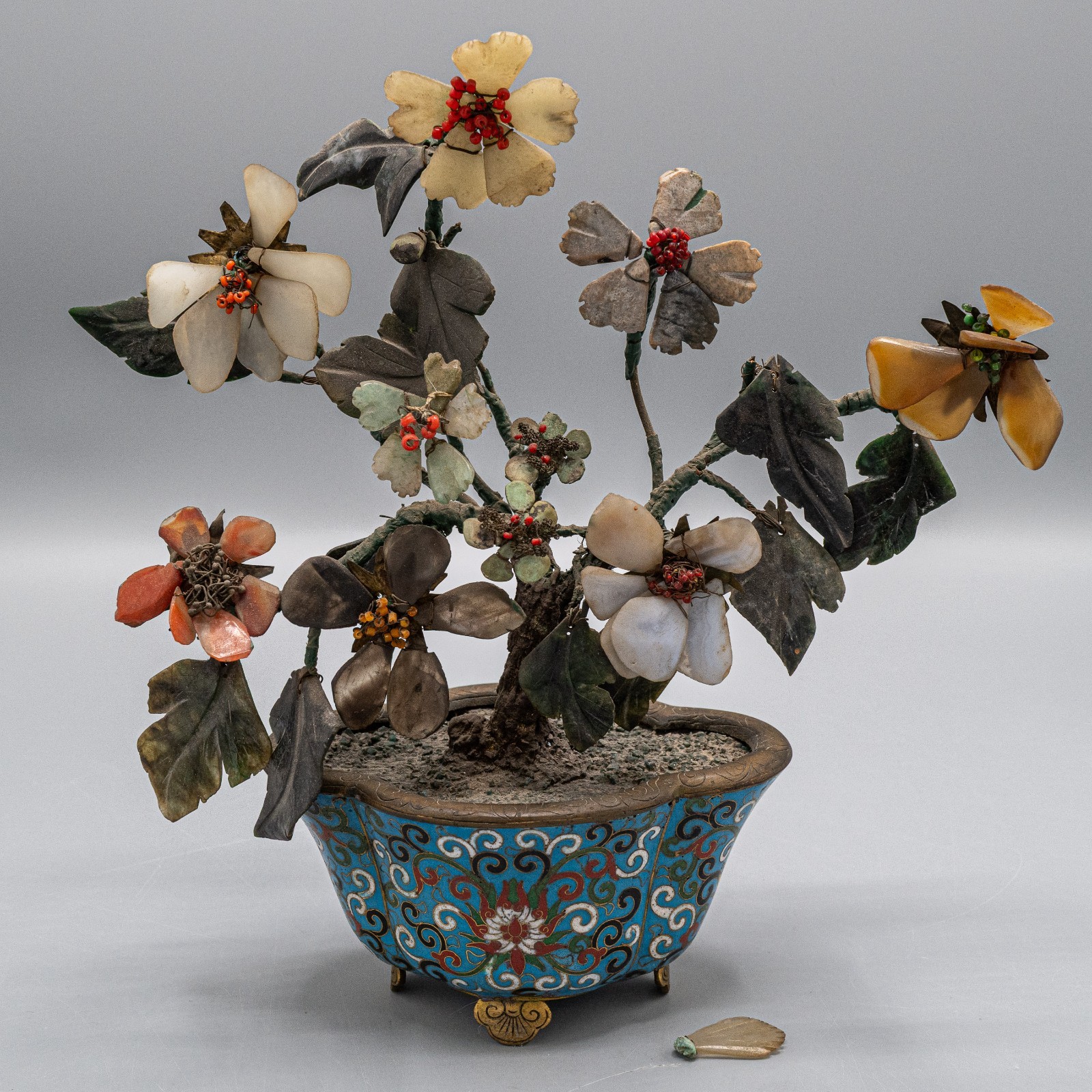 Chinese Jade Hard Stone Tree in Cloisonne Pot 8 1/2″ Vintage/Antique – READ #B