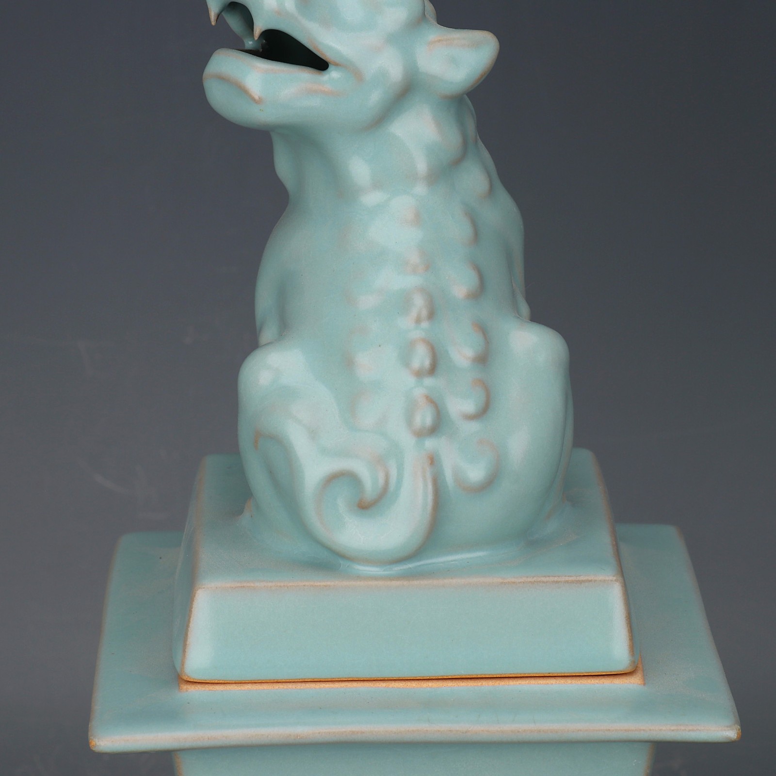 11.4″ China Song Ruyao Blue-green Glaze Porcelain Animal Lion Incense Burner