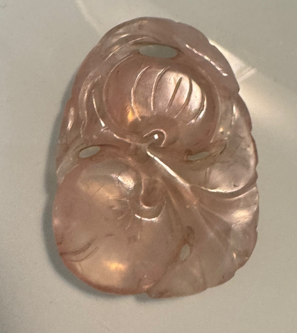 Vintage Hand Carved Top Grade Rose Quartz Chinese Themed Fruits & Leaves Pendant