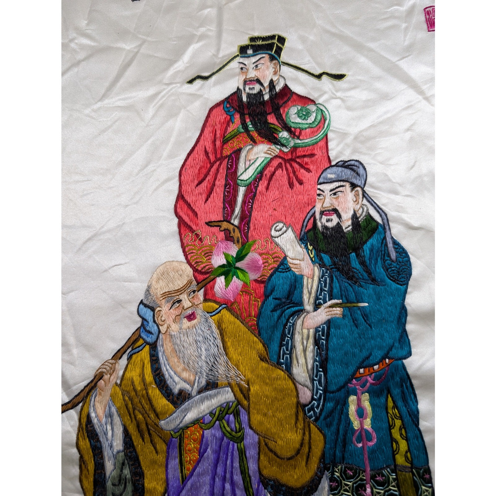 Vintage Chinese Hand Embroidered Three Immortals Fu Lu Shou Tapestry 23x14in
