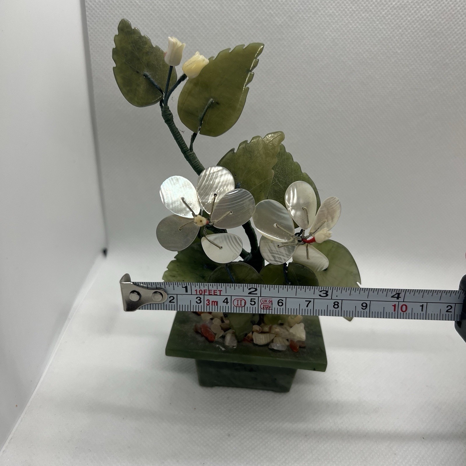 Sweet Small Asian Mother of Pearl & Jade Bonsai Tree Figure in Celadon Green Pot