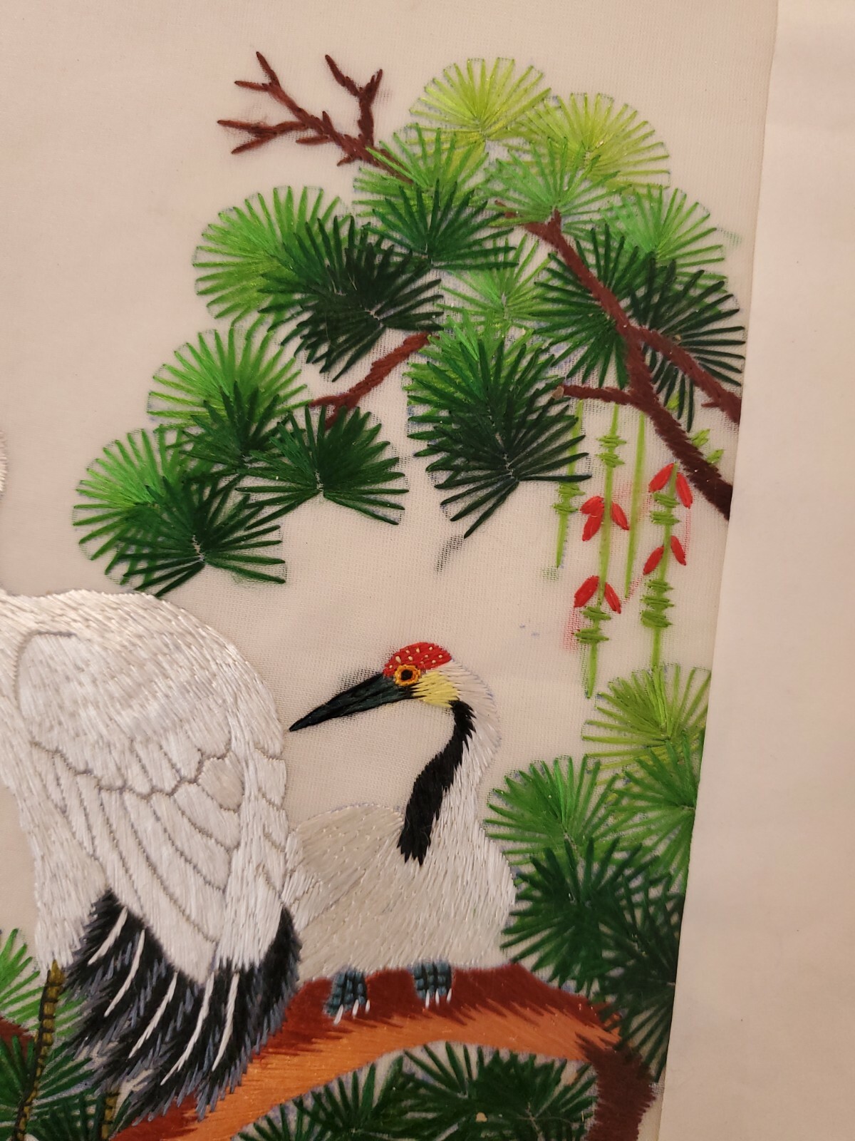 Asian Oriental Silk Art Embroidery ~ CRANE in PINE ~ 12”x 16” ~ Unframed