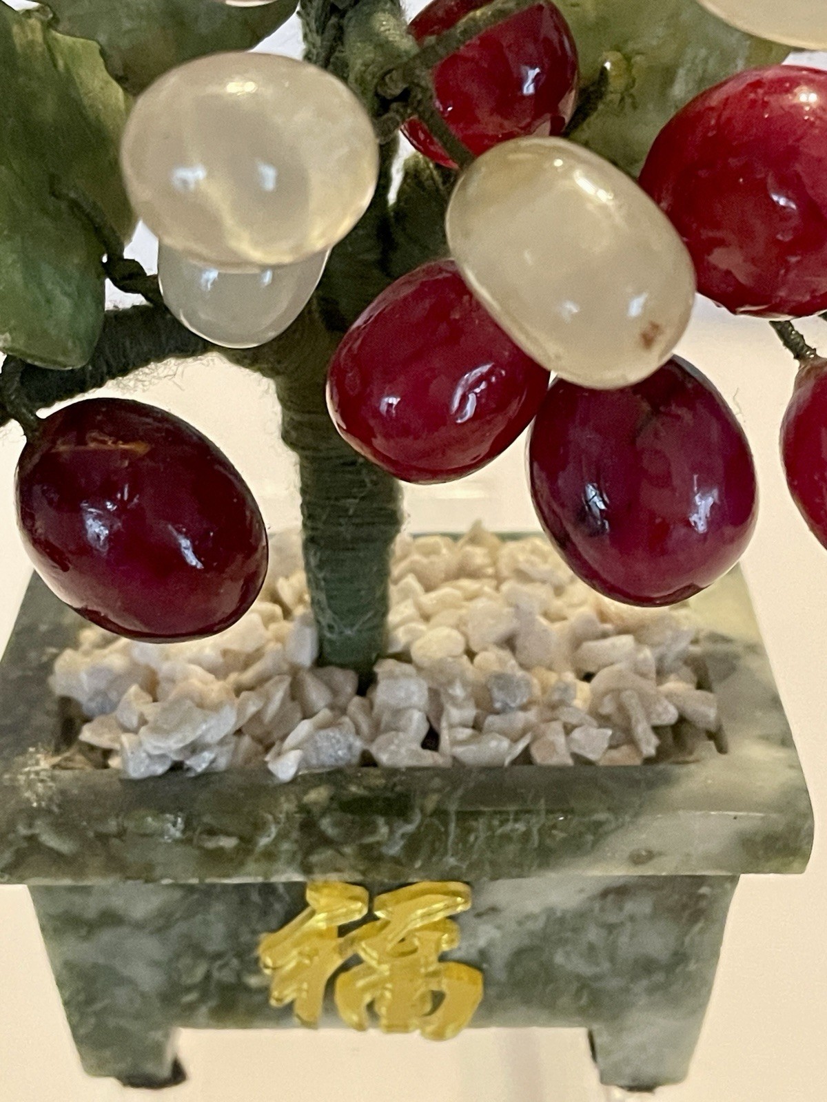 VINTAGE ORIENTAL JADE BONSAI GRAPEVINE TREE ART CARVED STONE MARBLE PLANTER