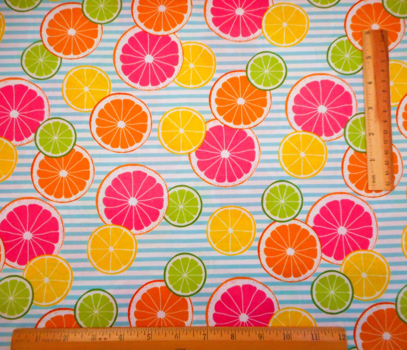 Fruit Fabric By Yard Orange Grapefruit Lemon Lime Slices on Blue & White Cotton