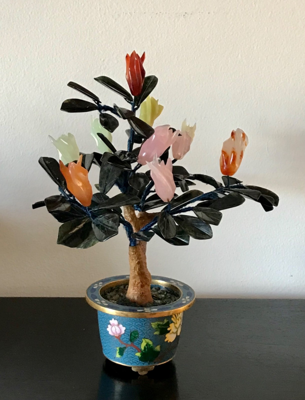 Chinese Vintage Jade Buddha’s hand Tree in Cloisonne Pot 10.5″ Inches Tall
