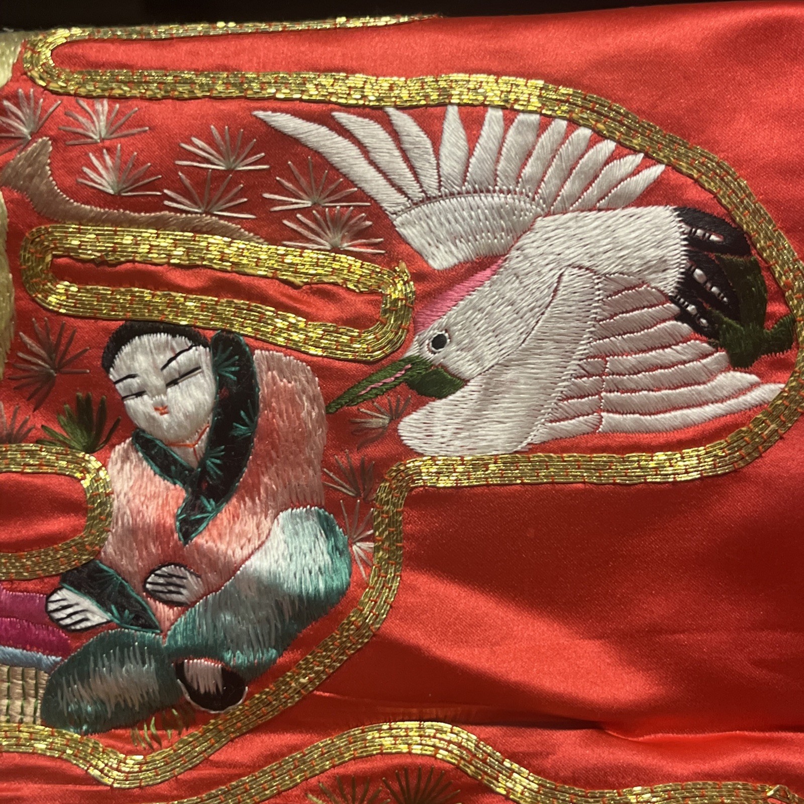 Vintage Red Embroidered Eight Immortal Longevity Wall Hanging Fabric 23”x32.5”