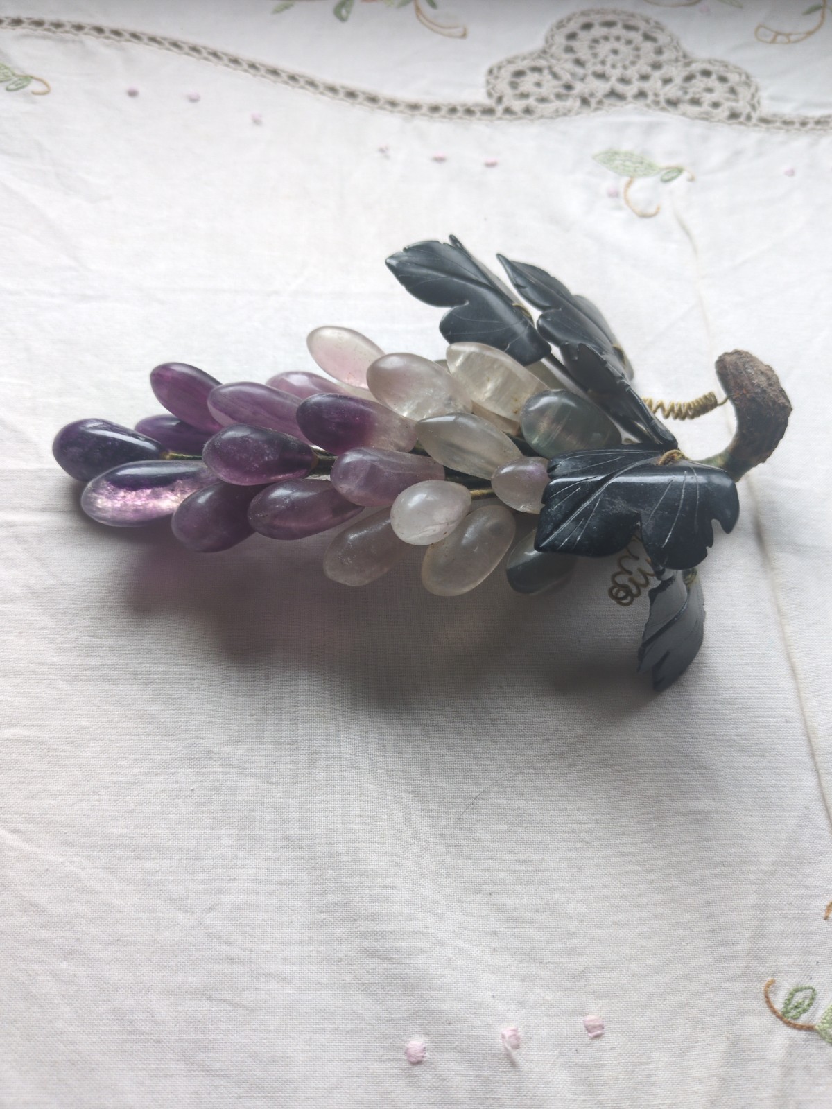 Vintage Chinese Carved Rose-Quartz, Amethyst Grape Cluster With Jade Leaves 7″